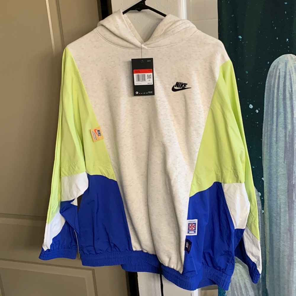 Women’s Nike Icon Clash Pullover Hoodie Gray Blue & Yellow Colorblock Size Large